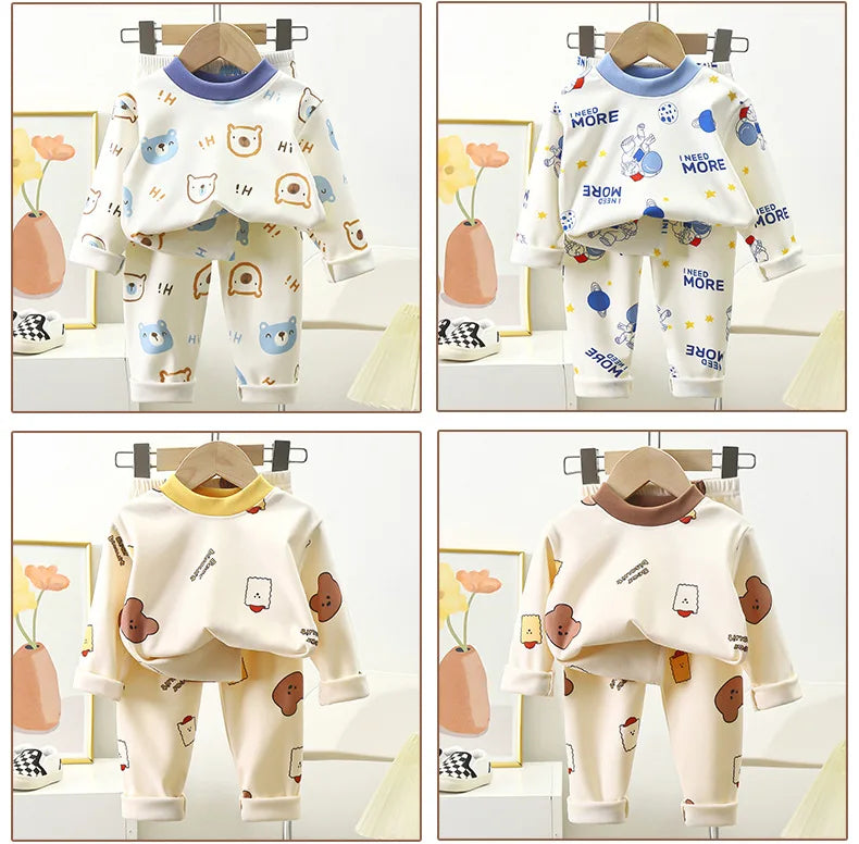 New Kids Autumn Warm Pajamas Boys Girls Cute Cartoon Bear Long Sleeve T-Shirt Top + Pants Baby Sleepwear Underwear Clothing Sets