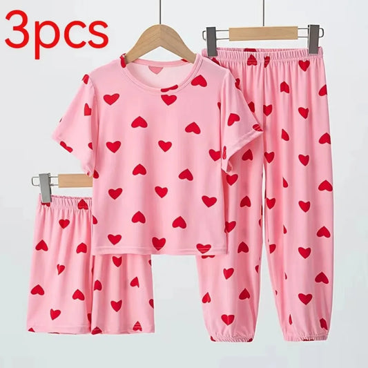 3PCS Girl Summer Love Pajama Set – Short-Sleeved Top, Shorts & Pants 3-Piece Air-Conditioned Pajama Suit 🌞💖