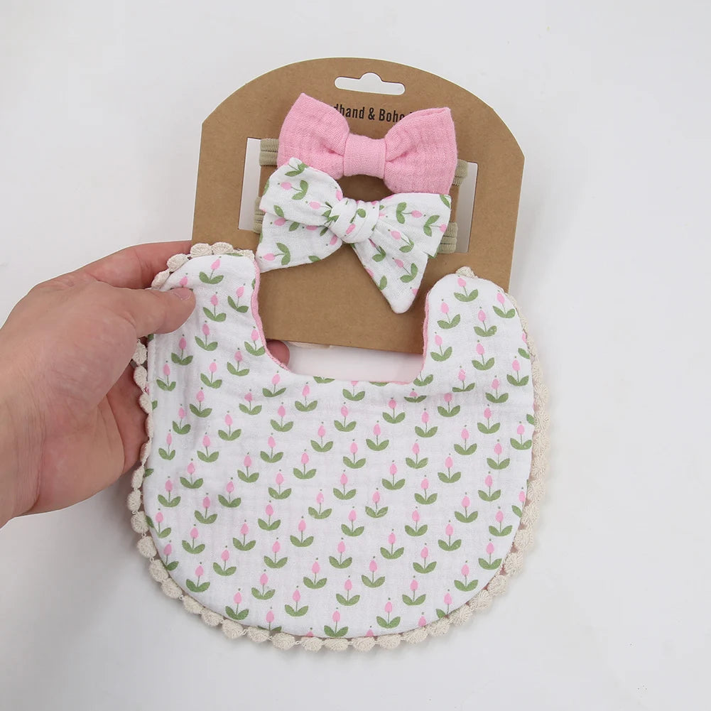 3-Piece Baby Flower Bibs & Headbands Set – Soft & Stylish Baby Accessories