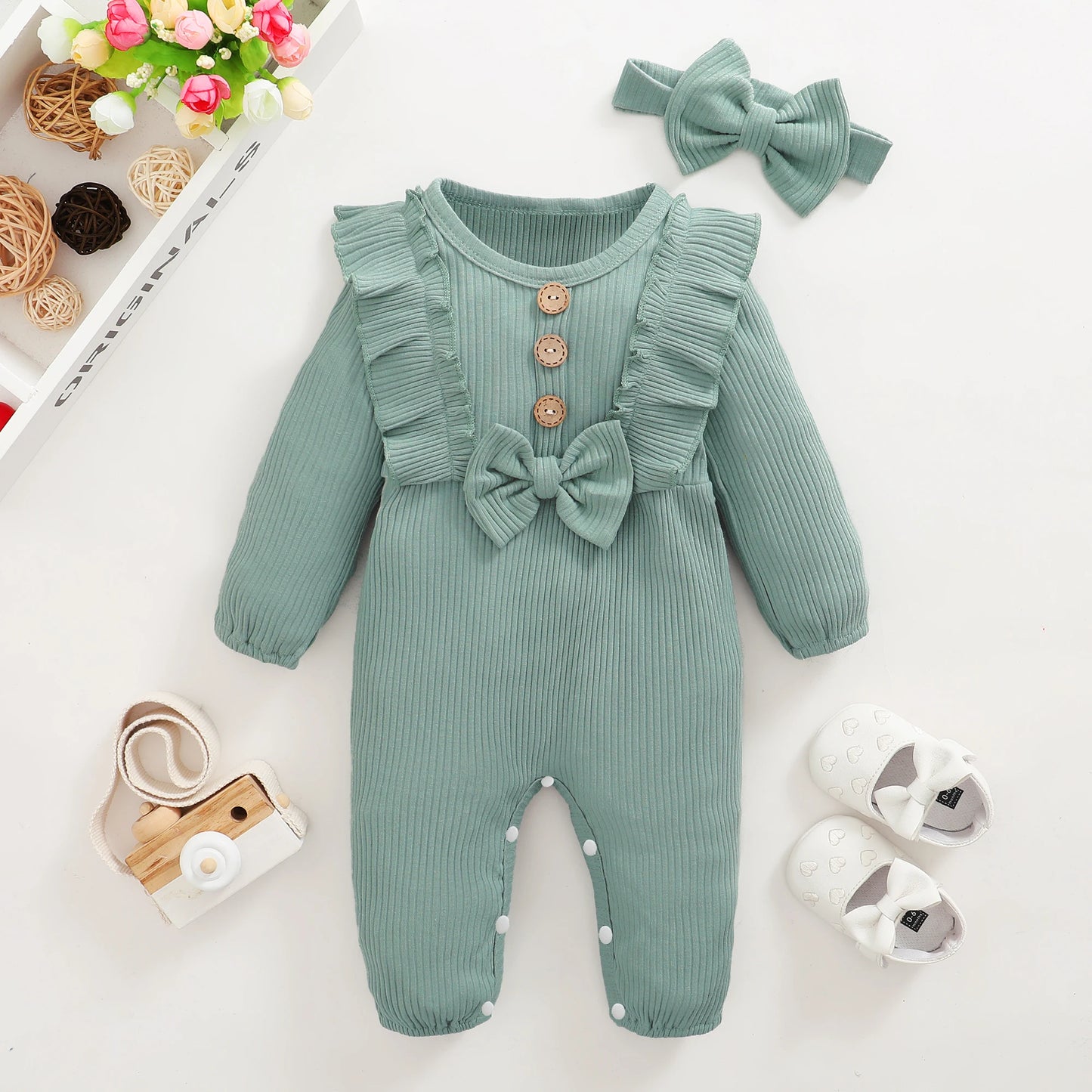 Long Sleeved Ruffle Onesie with Headband Onesie 0-18 Months