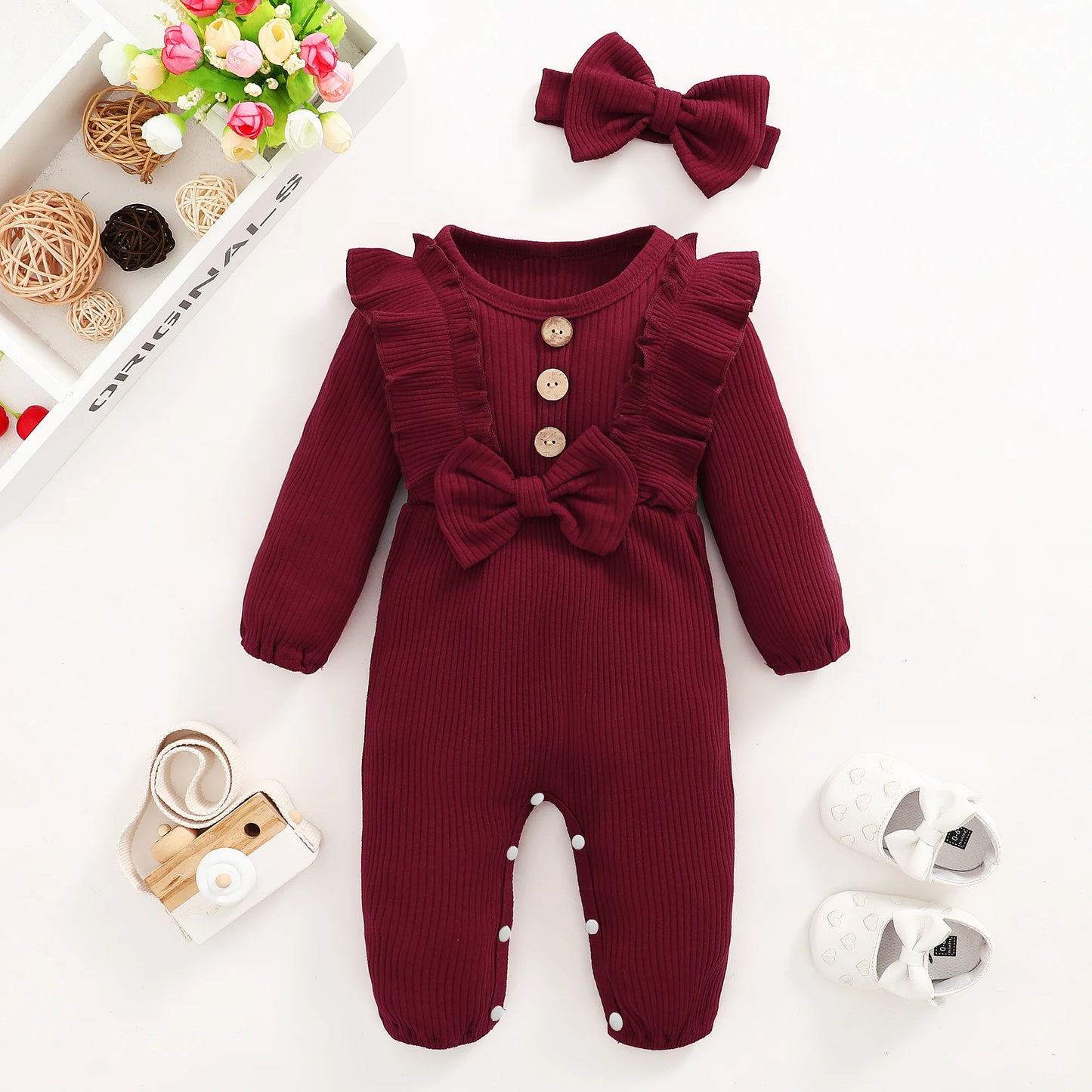 Long Sleeved Ruffle Onesie with Headband Onesie 0-18 Months