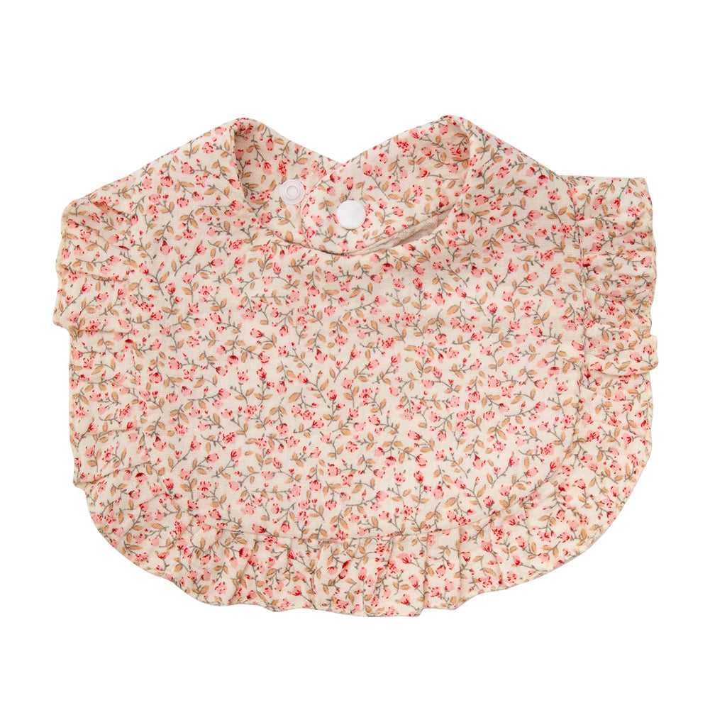 Flower Print Muslin Cotton Baby Bib – Adjustable Snap, Ruffled Edge