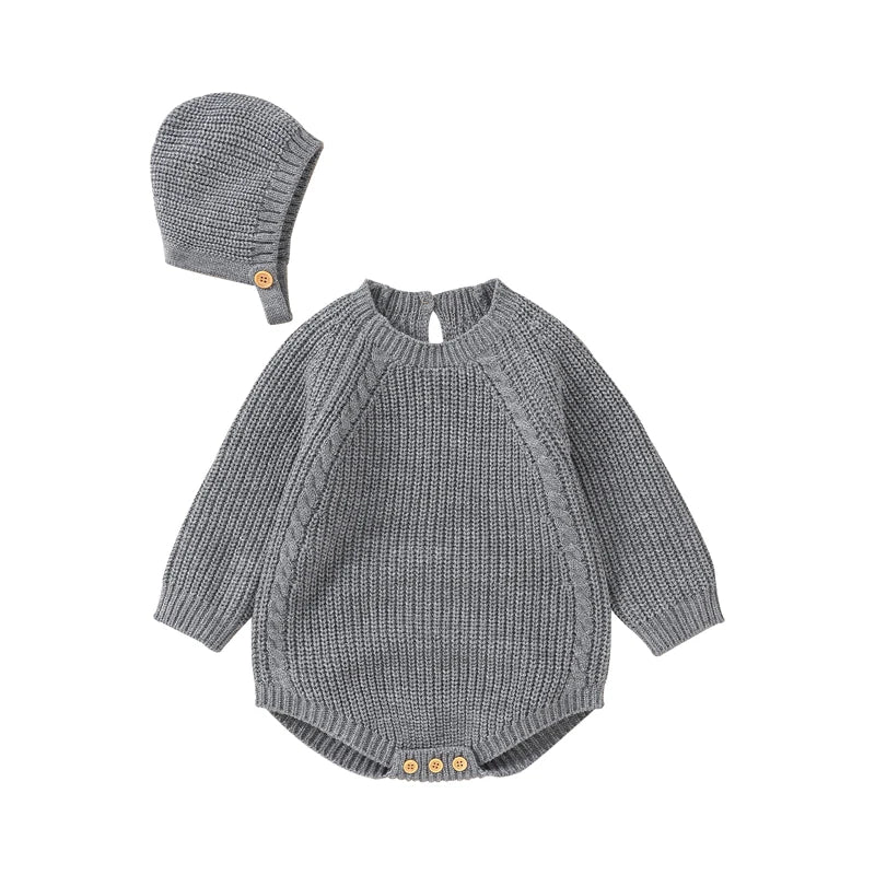 Long-Sleeve Knit Onesie with Matching Knit Hat