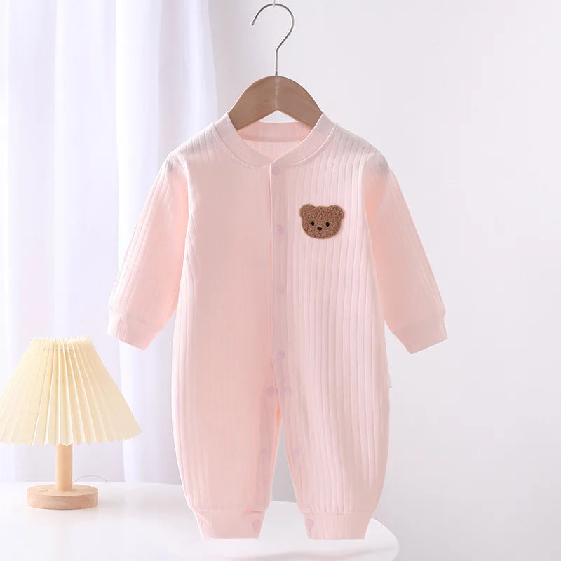 Solid Color Teddy Bear Patch Cotton Onesie 0-18M