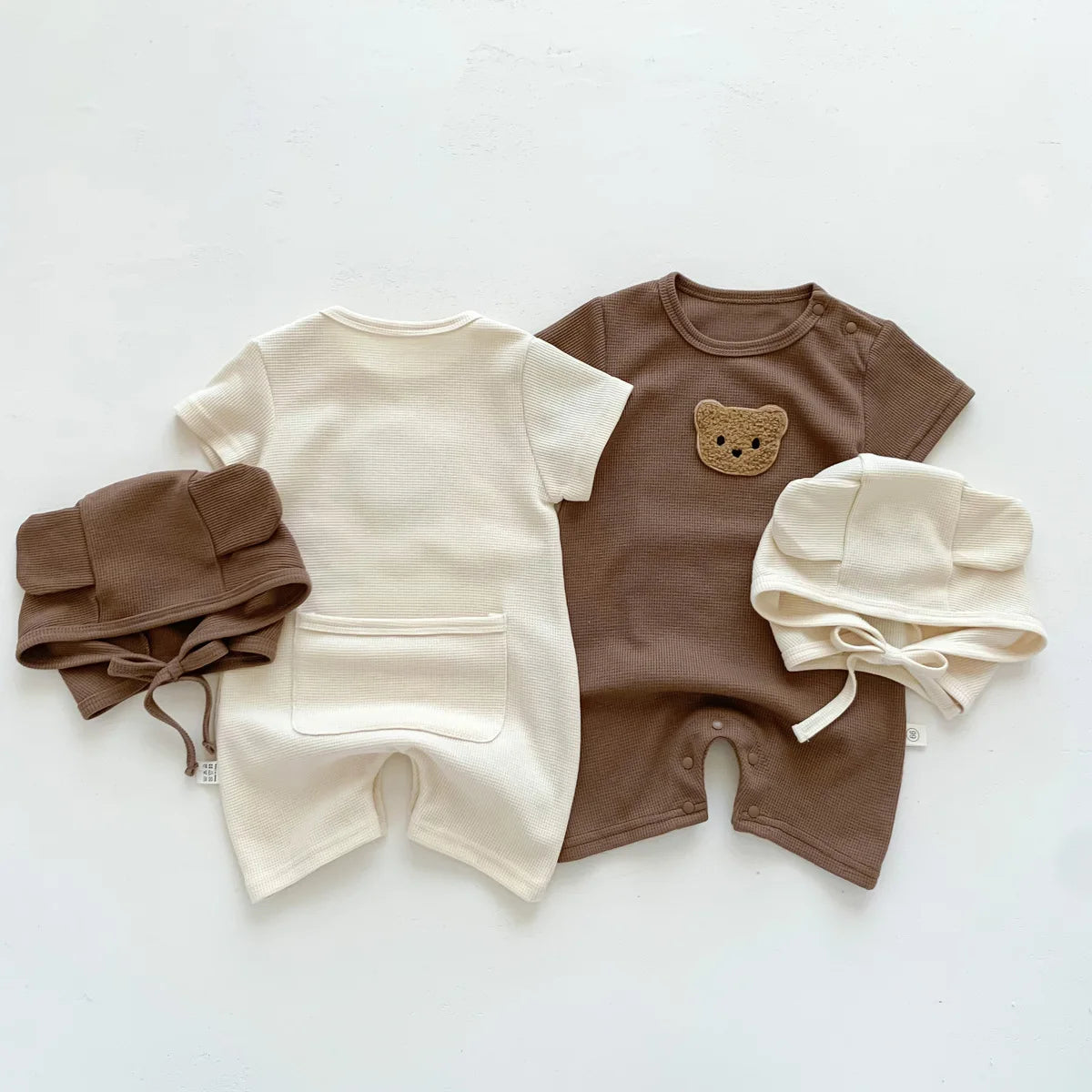 Short Sleeve Waffle Patch Teddy Bear Onesie 0-24M