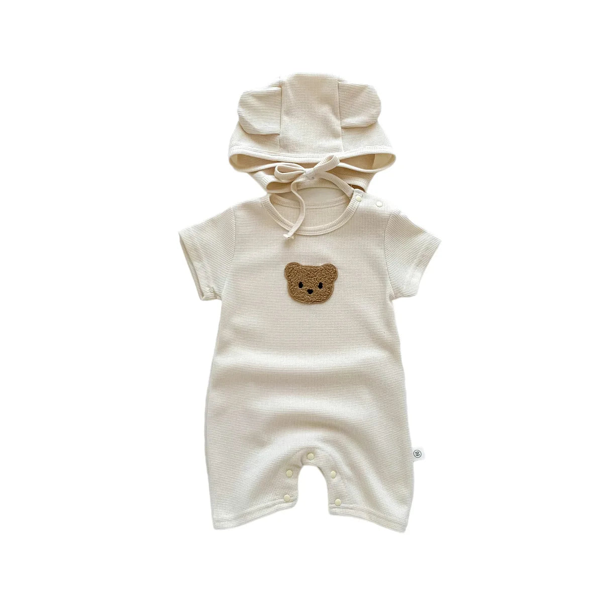 Short Sleeve Waffle Patch Teddy Bear Onesie 0-24M