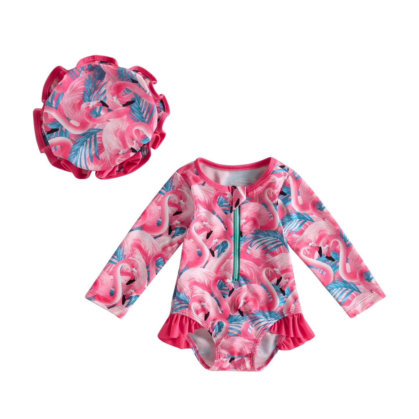 Girls' Pink Long-Sleeve One-Piece Swimsuit with Hat