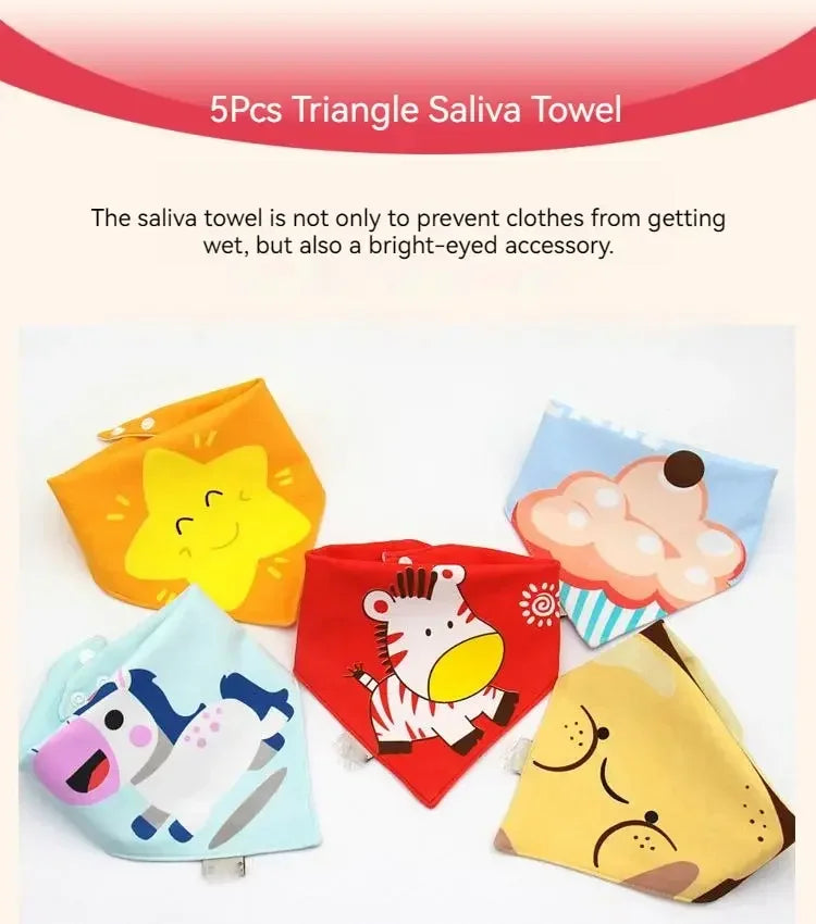 5PCS Waterproof Cotton Baby Bib Set – Soft & Absorbent Triangle Scarf Bibs