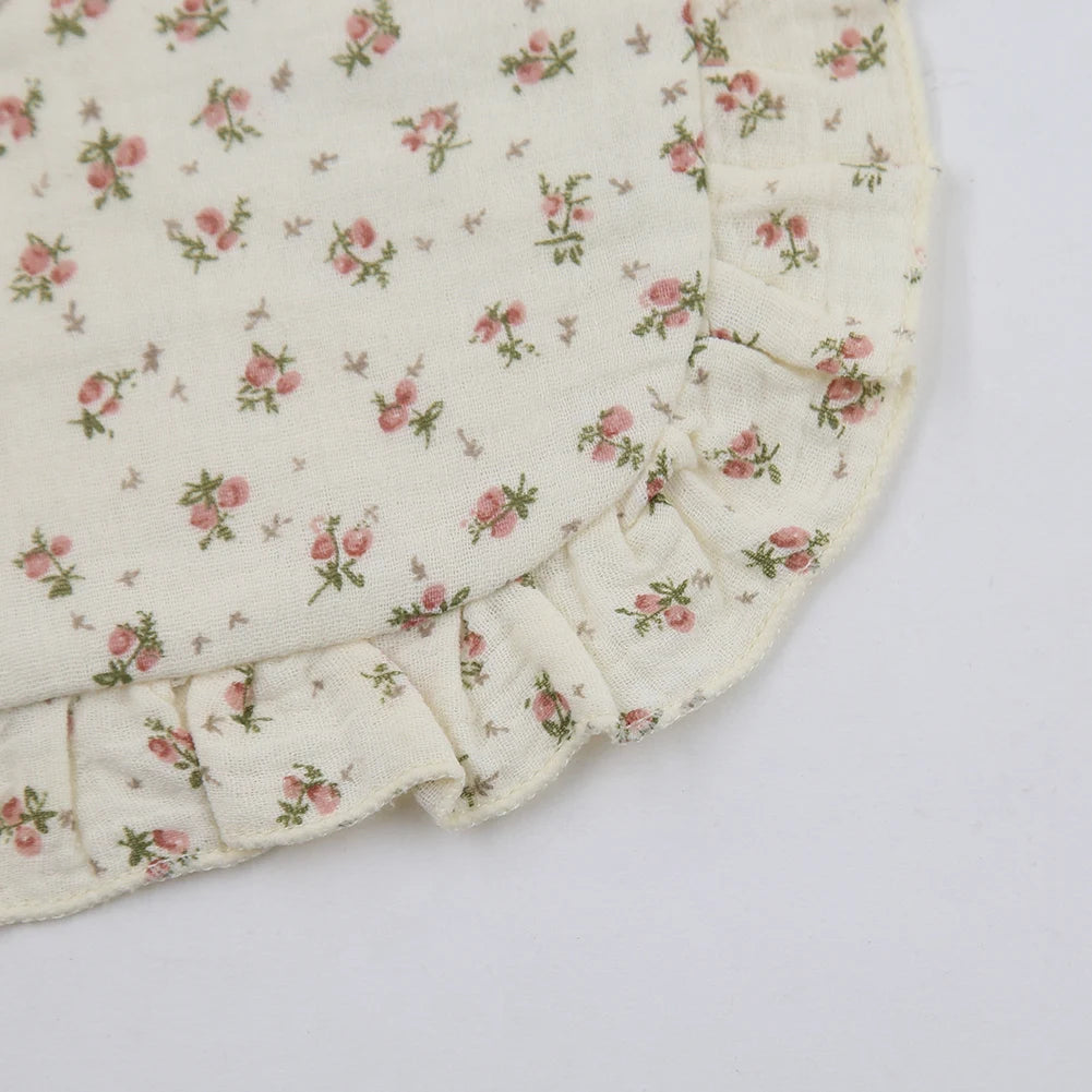 Flower Print Muslin Cotton Baby Bib – Adjustable Snap, Ruffled Edge