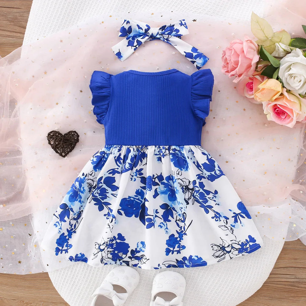 Summer New Blue Bow Baby Girl Dress with Free Hairband – Adorable & Fashionable (6M-3Y) 🎀👗