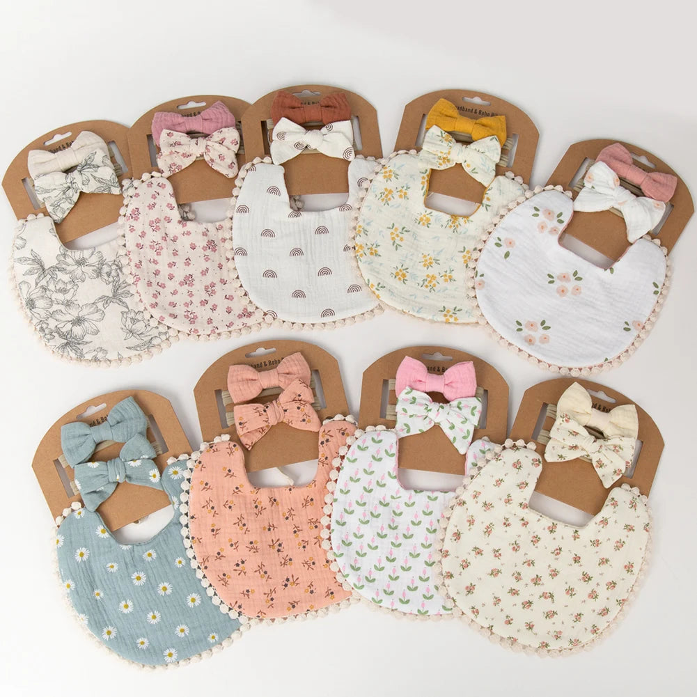 3-Piece Baby Flower Bibs & Headbands Set – Soft & Stylish Baby Accessories