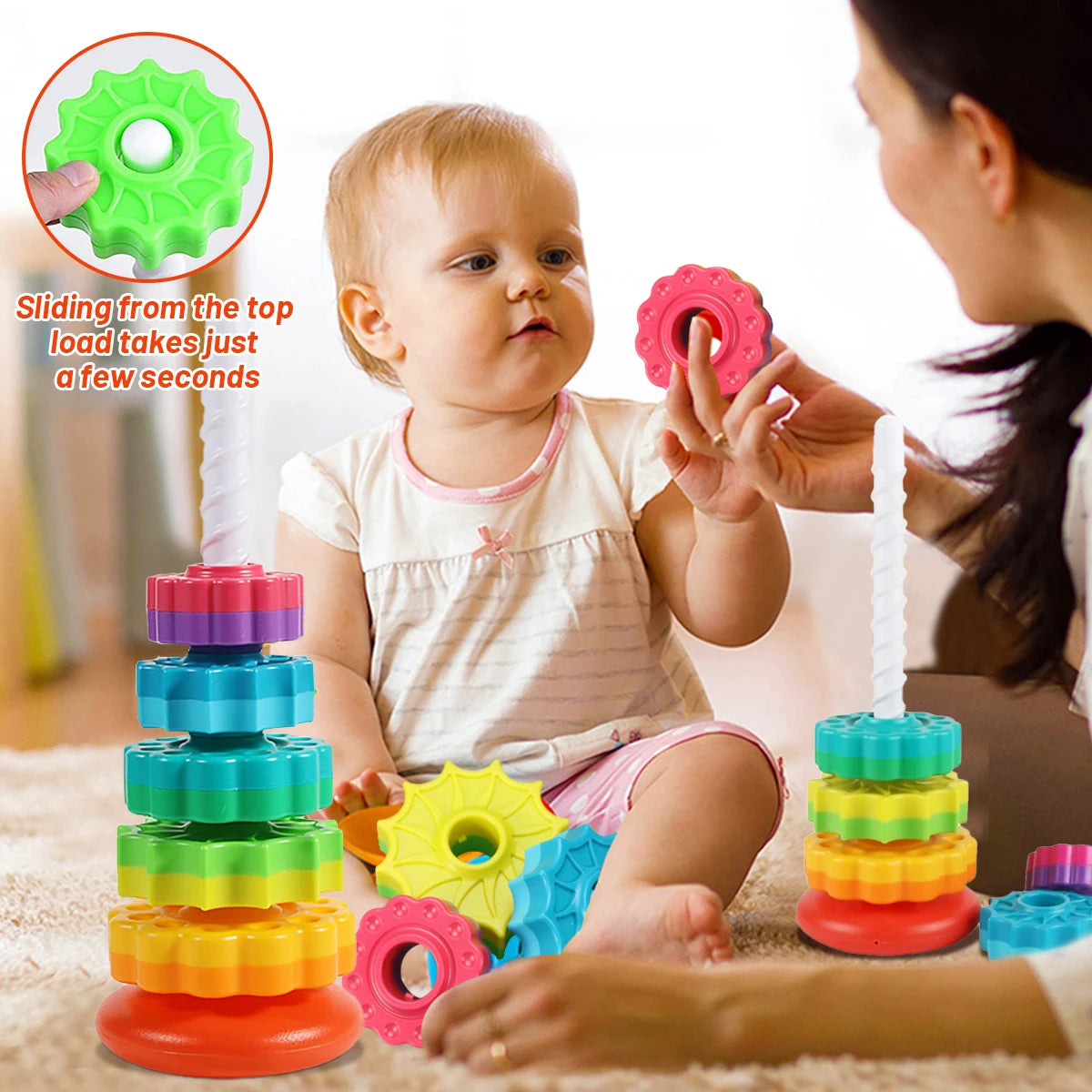 Montessori Rotating Rainbow Tower Stacking Puzzle Toy