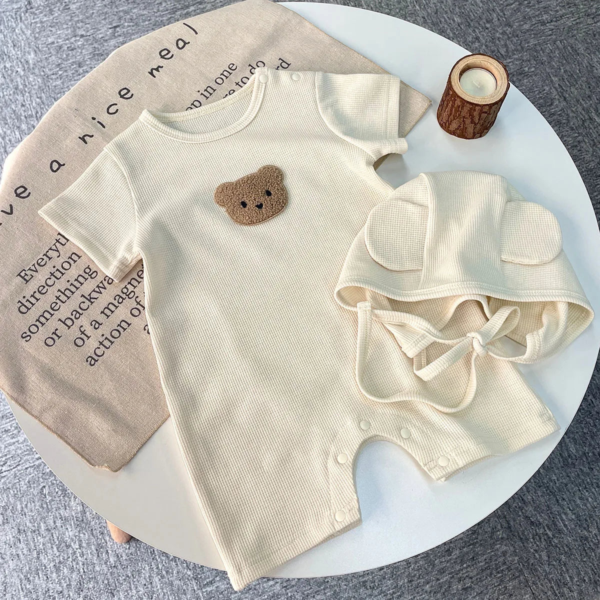 Short Sleeve Waffle Patch Teddy Bear Onesie 0-24M