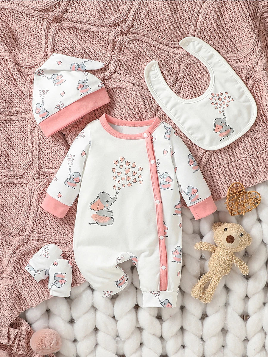 4-Piece Baby Girls' Long-Sleeve Cartoon Deer Onesie Set