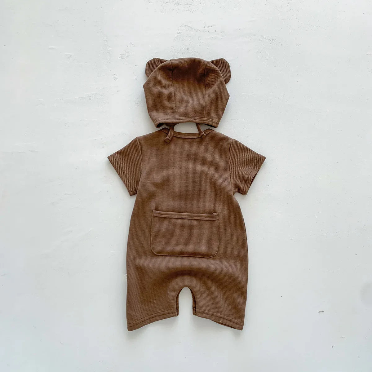 Short Sleeve Waffle Patch Teddy Bear Onesie 0-24M