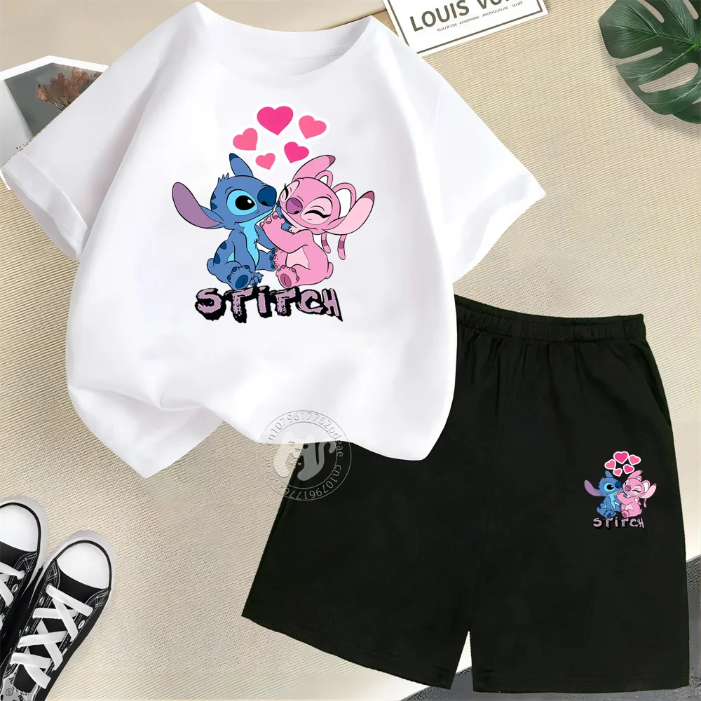 Disney Stitch & Angel Kids' Summer Outfit – 100% Cotton T-Shirt & Shorts Set 🏝️💙