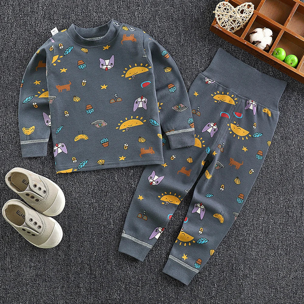 Boys' and Girls' Cotton Long Johns Cartoon Print Pajama Set