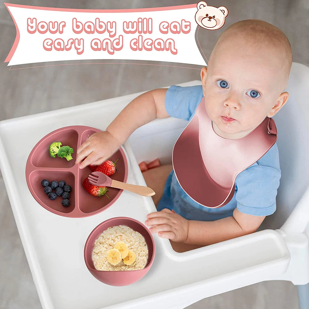 Children's Silicone Tableware Set - 6/8-Piece Baby Dining Set with Suction Cups, Utensils, Bib & More