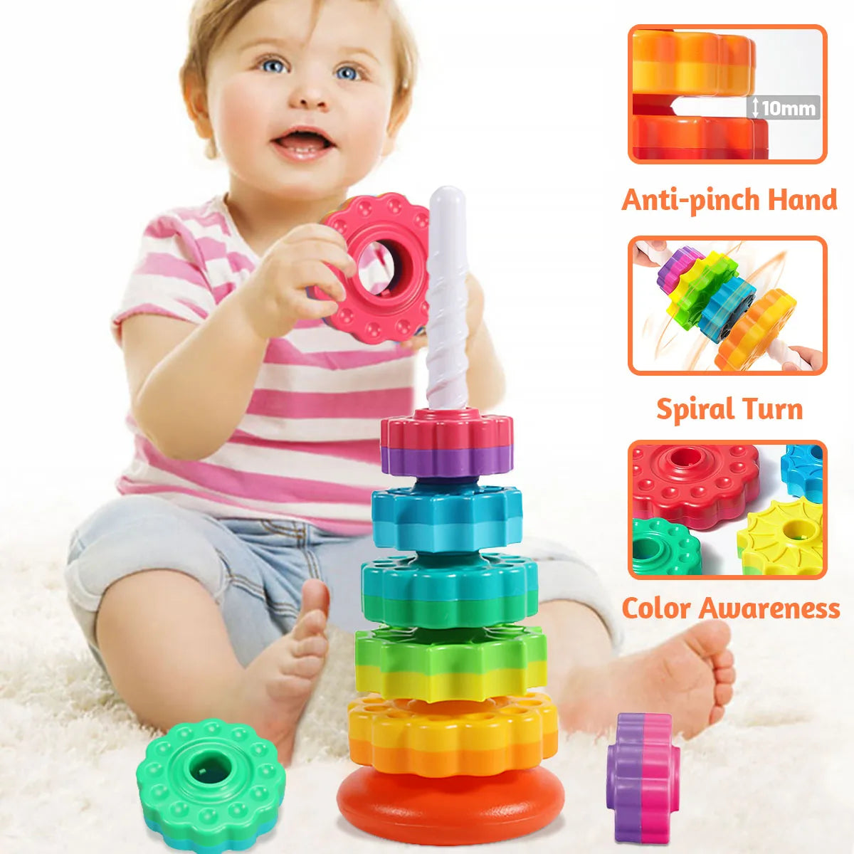 Montessori Rotating Rainbow Tower Stacking Puzzle Toy