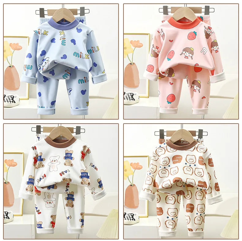 New Kids Autumn Warm Pajamas Boys Girls Cute Cartoon Bear Long Sleeve T-Shirt Top + Pants Baby Sleepwear Underwear Clothing Sets