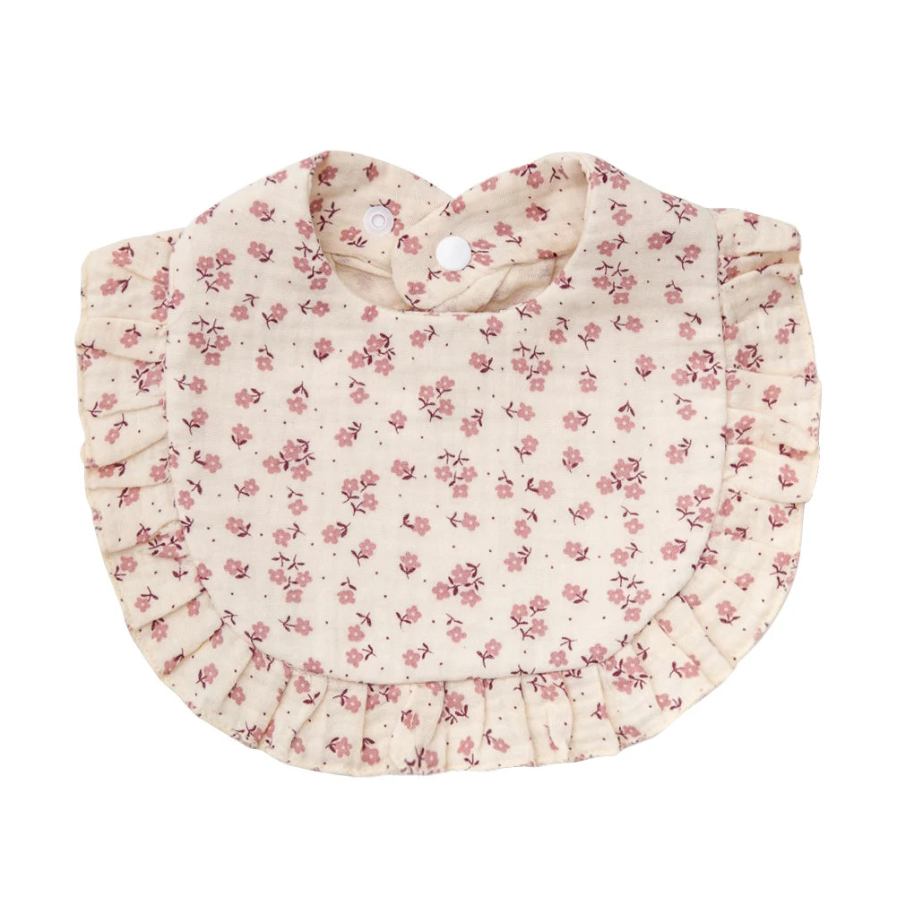 Flower Print Muslin Cotton Baby Bib – Adjustable Snap, Ruffled Edge