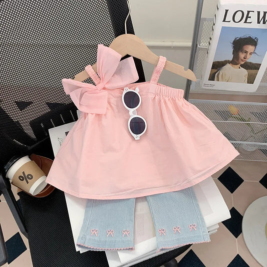 Girls 2-Piece Pink Bowknot Sleeveless Top & Denim Jeans Matching Set