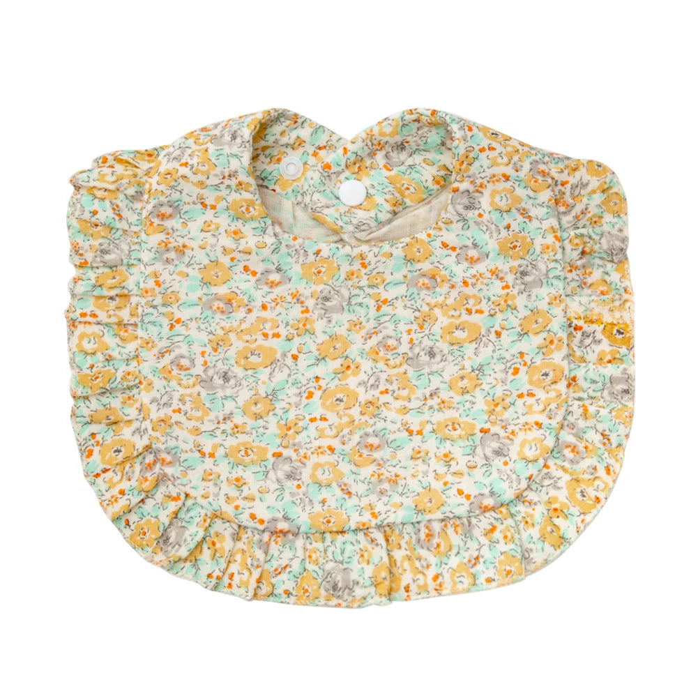 Flower Print Muslin Cotton Baby Bib – Adjustable Snap, Ruffled Edge