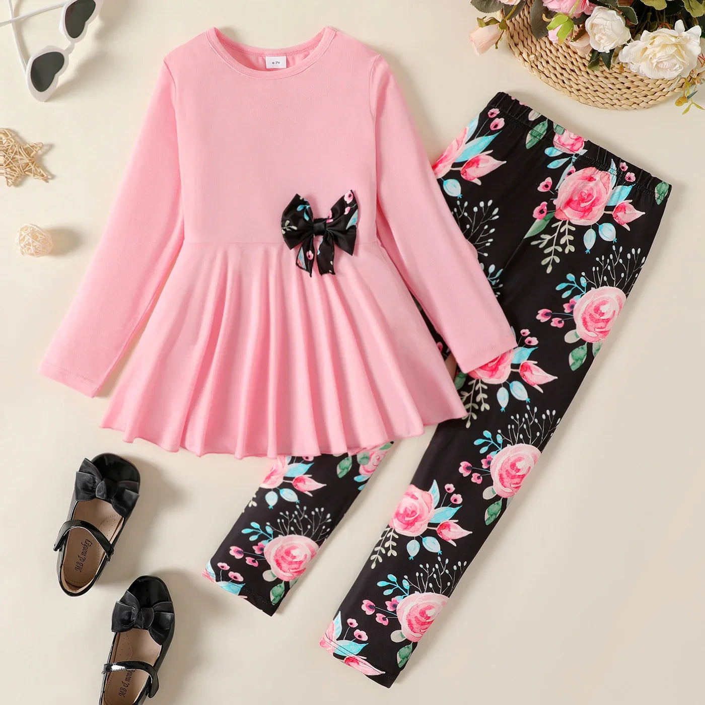 2-Piece Girls' Bowknot Long-Sleeve Tee & Floral Leggings Set