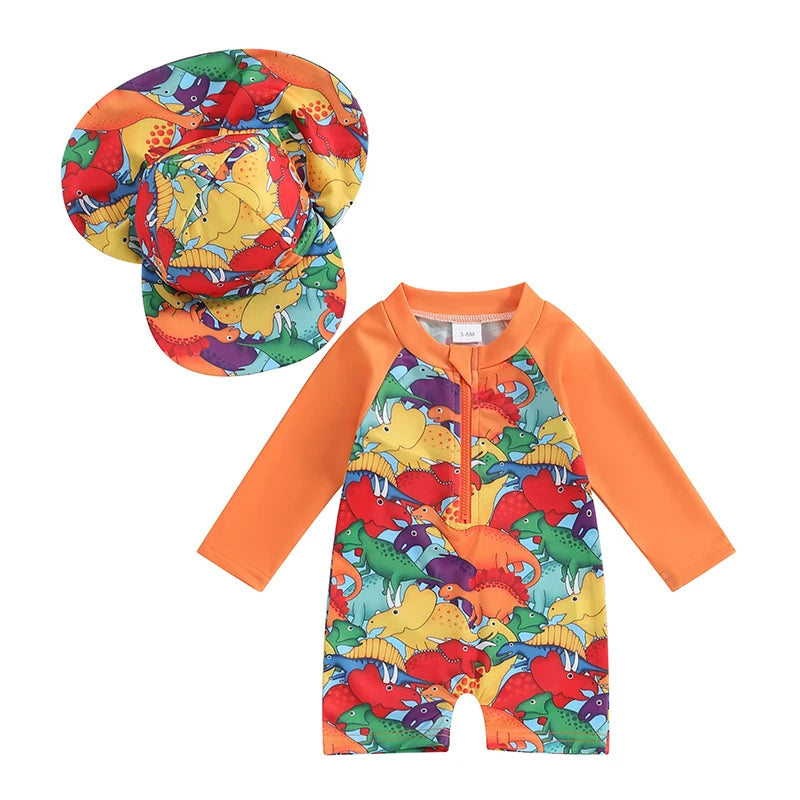 Girls' Zip-UP One-Piece Tropical Swimsuit with Swim Cap