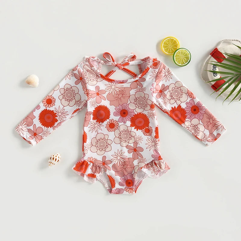 Girls' Long-sleeved Floral Ruffle Swimsuit