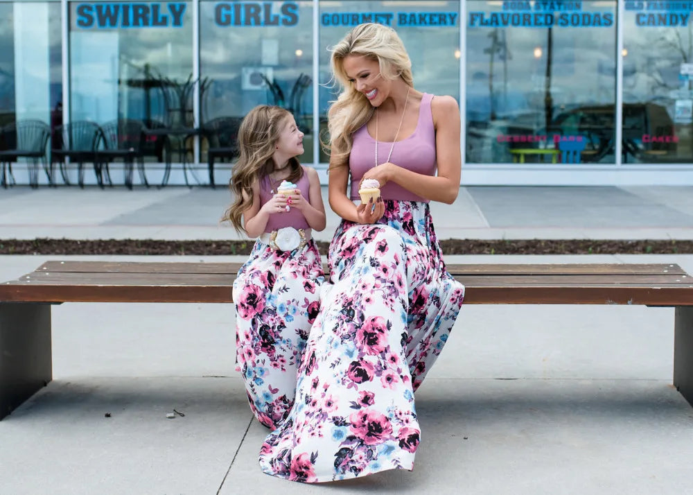 Mother and Daughter Matching Floral Long Dress