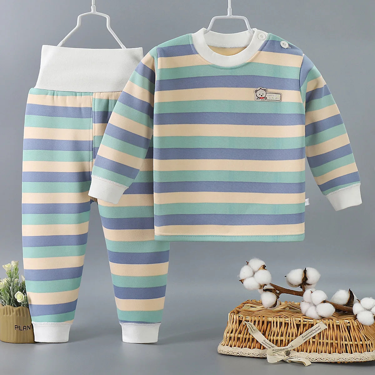 Striped Thick Plush Children's Set – Cozy Autumn & Winter Wear (9M-6Y)