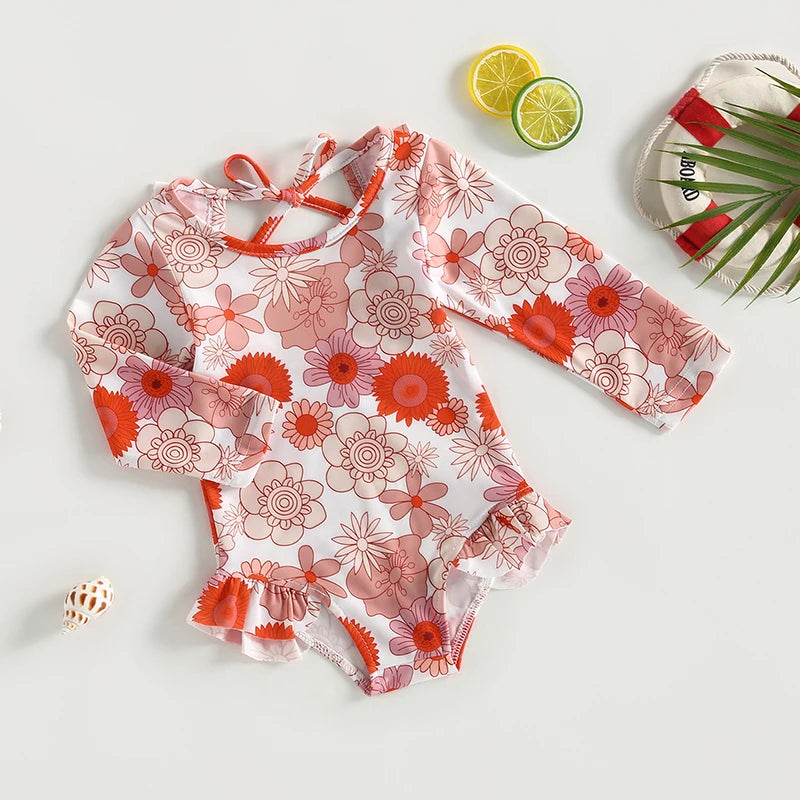 Girls' Long-sleeved Floral Ruffle Swimsuit