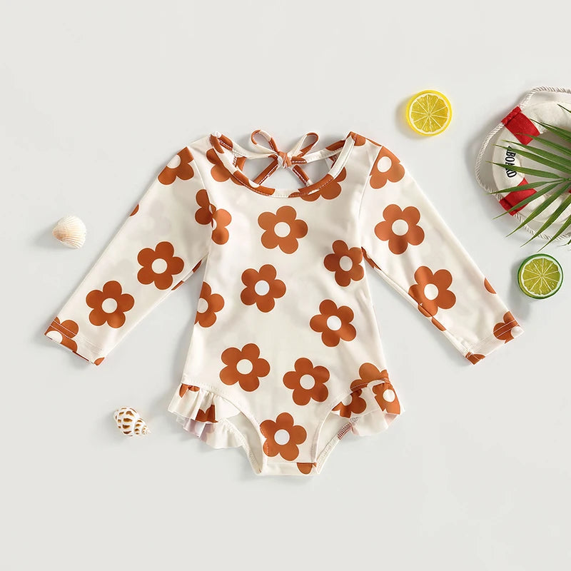 Girls' Long-sleeved Floral Ruffle Swimsuit