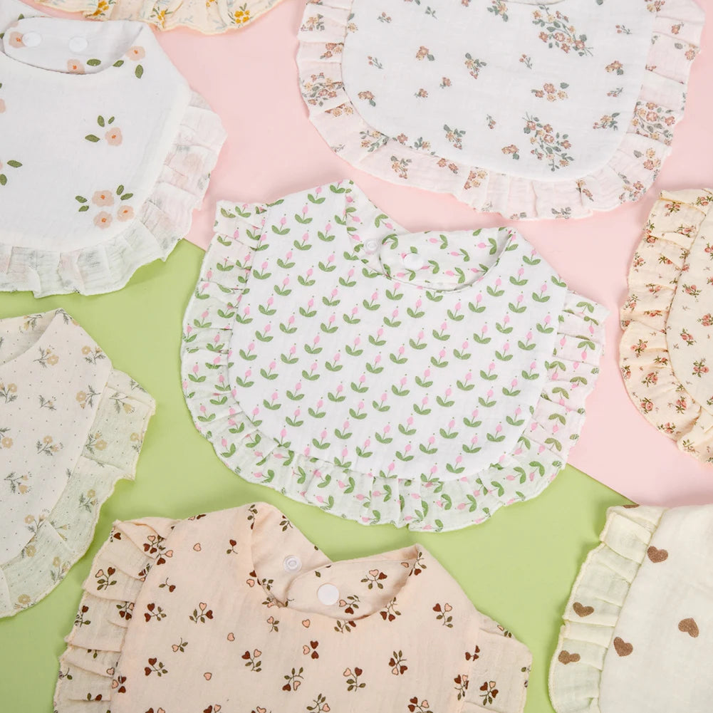 Flower Print Muslin Cotton Baby Bib – Adjustable Snap, Ruffled Edge