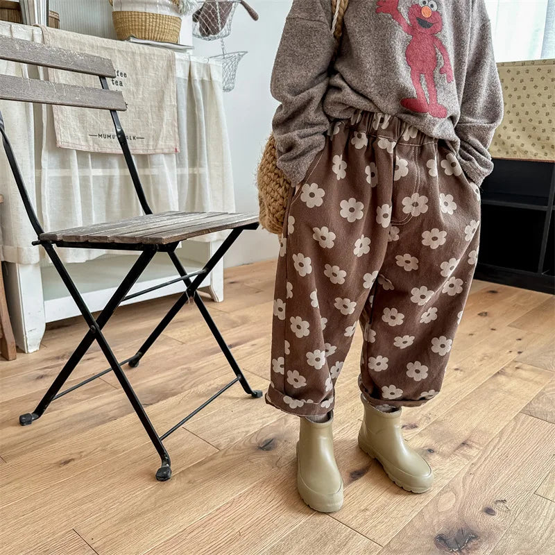 Autumn Vintage Flower Print Harem Pants – Loose Cotton Trousers for Girls 🍂🌸