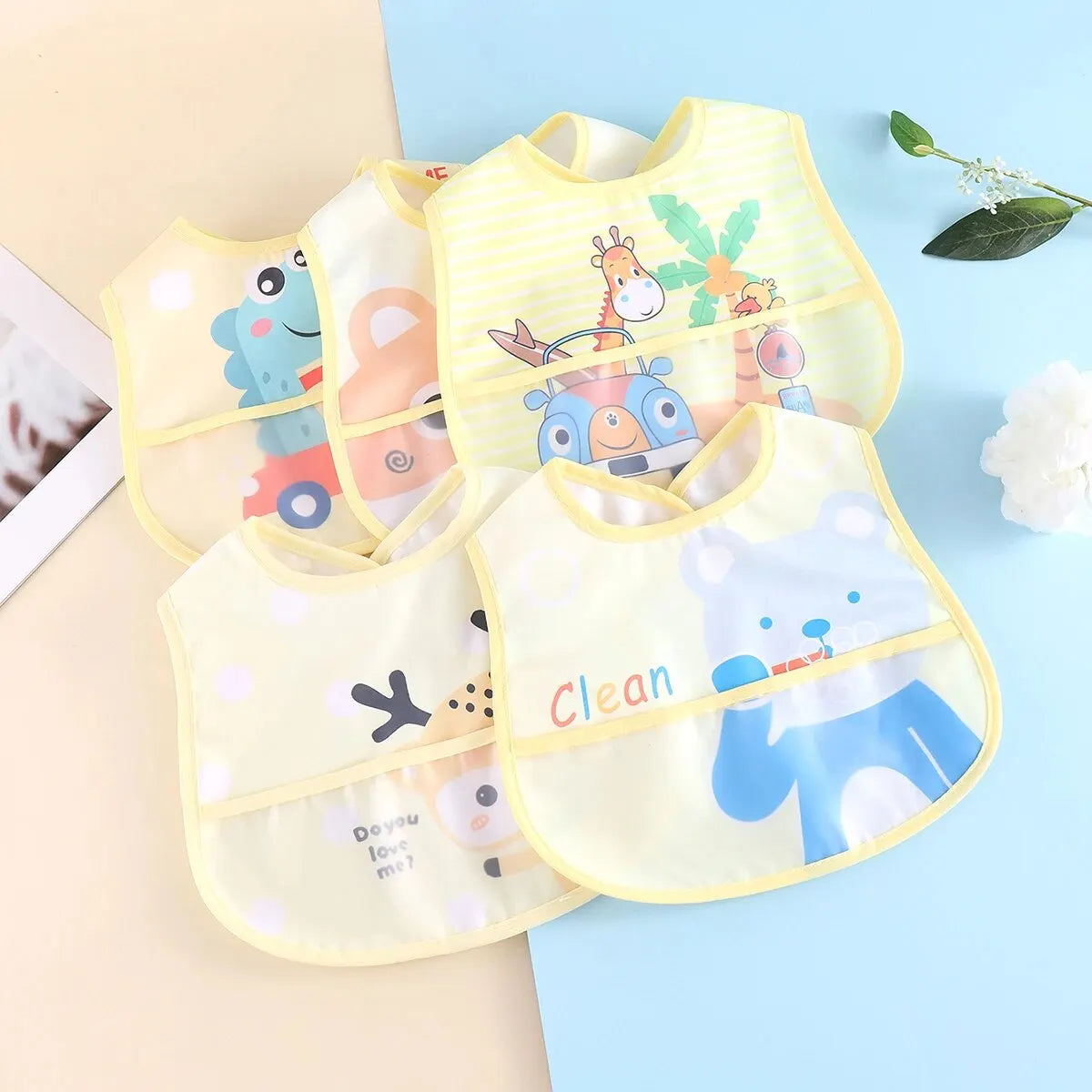 5pcs Cartoon Animals Waterproof Baby Bibs – Adjustable Feeding Aprons for Toddlers