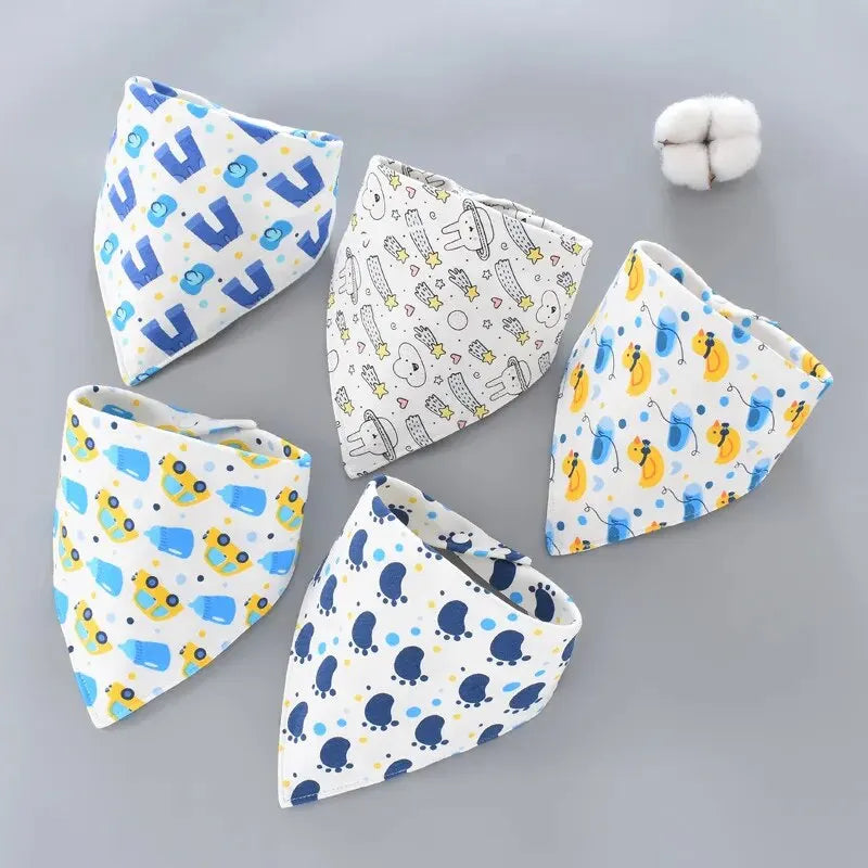 5Pcs Baby Cotton Bibs – Cute Cartoon Print Bandana Bibs