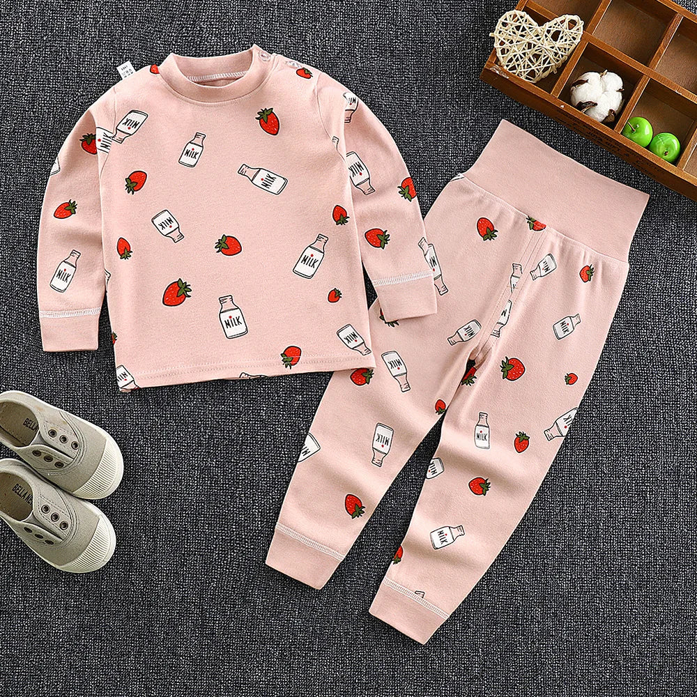 Boys' and Girls' Cotton Long Johns Cartoon Print Pajama Set