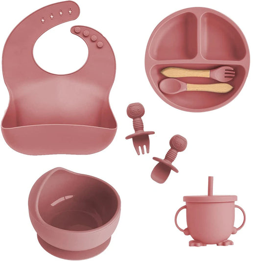 Children's Silicone Tableware Set - 6/8-Piece Baby Dining Set with Suction Cups, Utensils, Bib & More