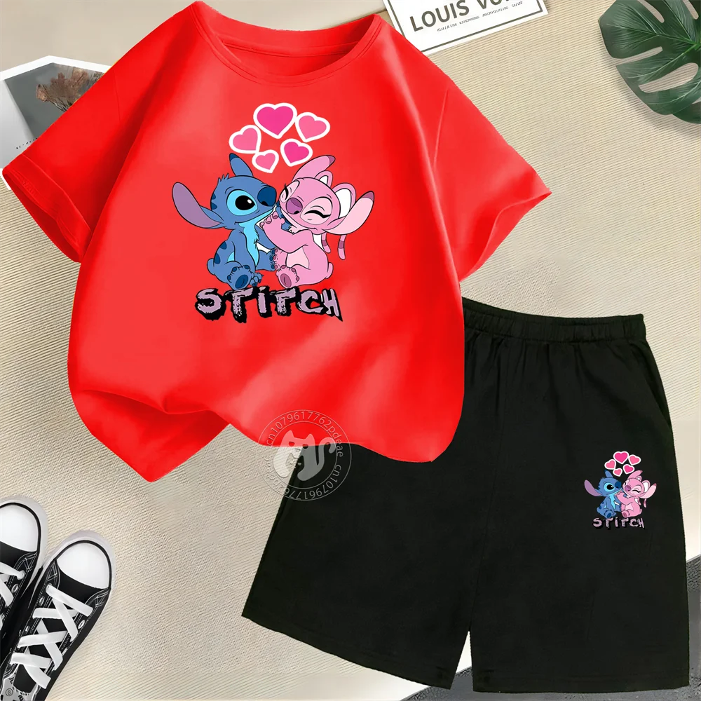 Disney Stitch & Angel Kids' Summer Outfit – 100% Cotton T-Shirt & Shorts Set 🏝️💙