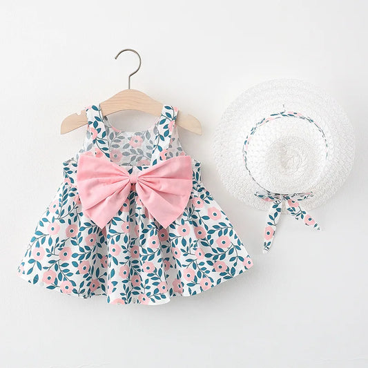 Girls' Floral Bowknot Summer Dress with Hat