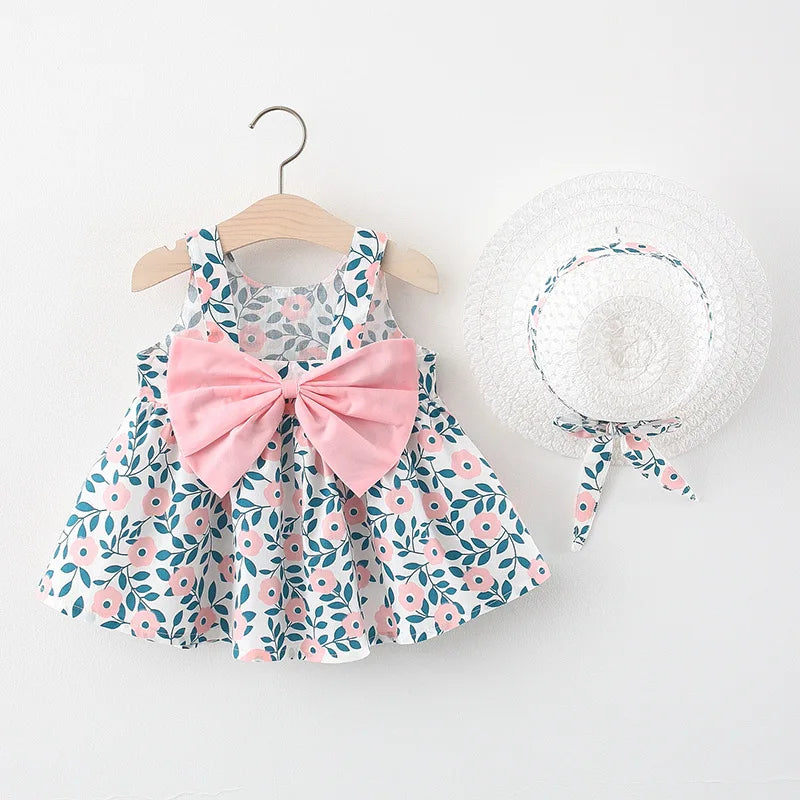 Girls' Floral Bowknot Summer Dress with Hat