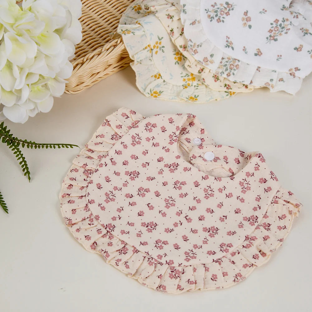 Flower Print Muslin Cotton Baby Bib – Adjustable Snap, Ruffled Edge