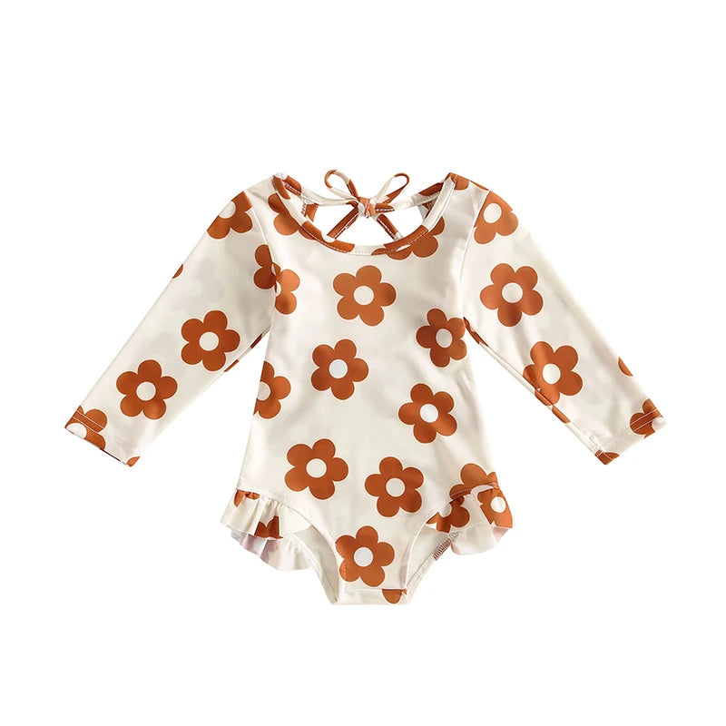 Girls' Long-sleeved Floral Ruffle Swimsuit