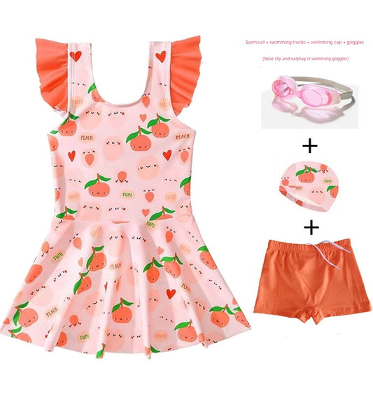 Girls' 2 Piece Peach Print Swimsuit with Bottoms