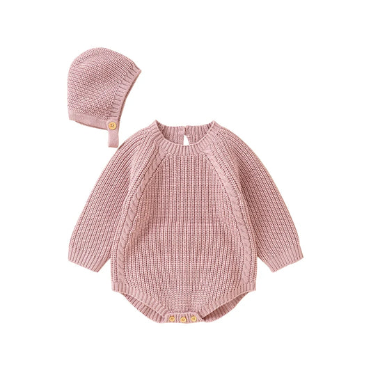 Long-Sleeve Knit Onesie with Matching Knit Hat