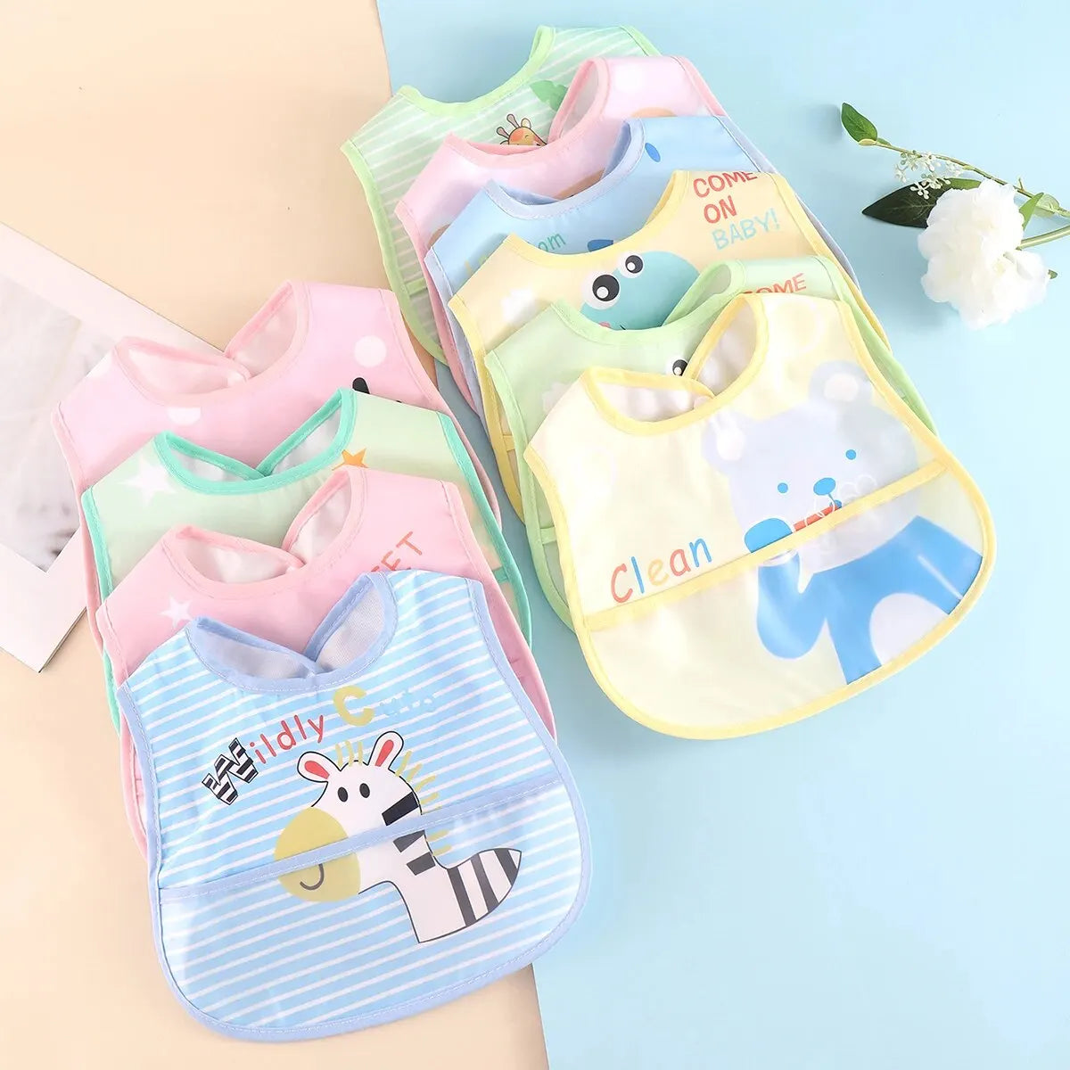 5pcs Cartoon Animals Waterproof Baby Bibs – Adjustable Feeding Aprons for Toddlers