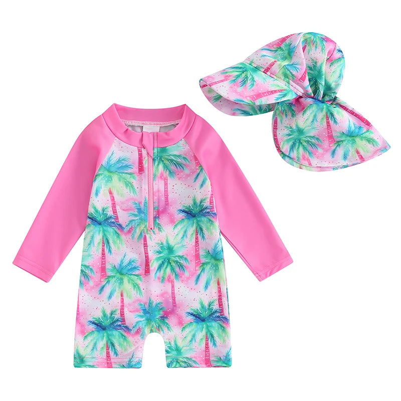 Girls' Zip-UP One-Piece Tropical Swimsuit with Swim Cap