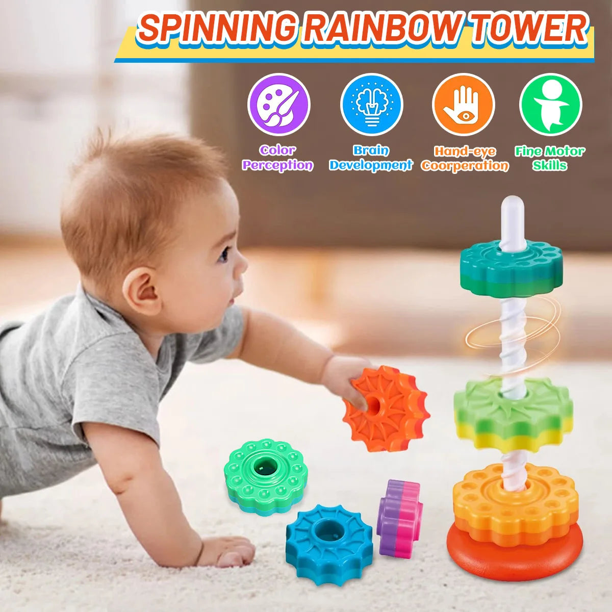 Montessori Rotating Rainbow Tower Stacking Puzzle Toy